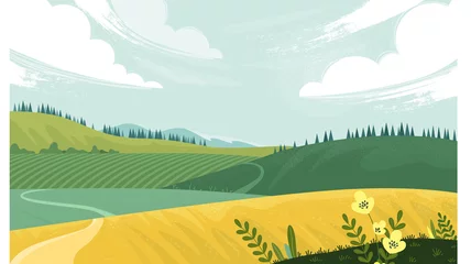 Plexiglas foto achterwand Green landscape with yellow field. Lovely rural nature. Countryside view. Vector illustration of beautiful field landscape with green hills, bright color sky, background in flat cartoon style. © Holovei