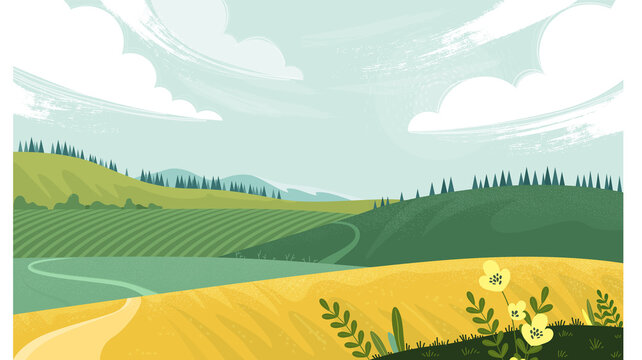 Green landscape with yellow field. Lovely rural nature. Countryside view. Vector illustration of beautiful field landscape with green hills, bright color sky, background in flat cartoon style.