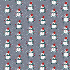 A pattern with a snowman in a circle of snowflakes. Background with a cheerful winter character made of snow on skis. Happy New Year and Merry Christmas. Vector illustration