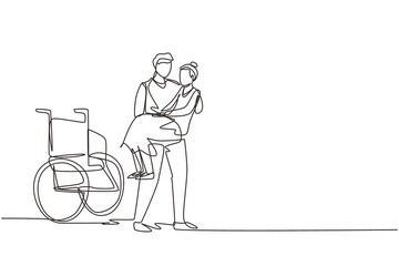 Single continuous line drawing loving son took his old disabled mother from wheelchair carrying her in his arms. Happy senior lady in hugs of her strong child. One line draw design vector illustration
