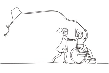 Single continuous line drawing happy child disabled concept. Hand drawn little girl pushing boy in wheel chair with flying kite. Disabled has fun outside. One line draw design vector illustration