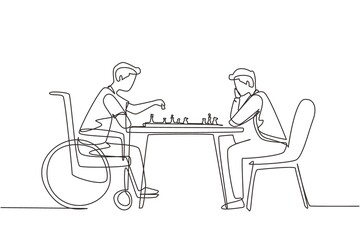 Single one line drawing disabled man in wheelchair plays chess with friend. People on social adaptation, hobby, tolerance, inclusive, accessibility and diversity. Continuous line draw design vector