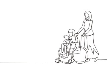 Continuous one line drawing mother with disabled daughter in wheelchair came for examination at clinic hospital. Mom helps child with disabilities. Single line draw design vector graphic illustration