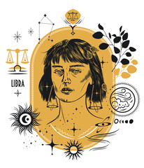 Zodiac sign Libra, the element air. Vector illustration with a portrait of a beautiful girl with a short haircut. Zodiac sign with elements of astrology of this sign. Stars, symbols, a branch of eucal