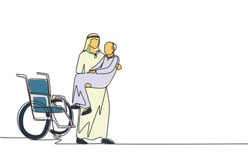 Continuous one line drawing loving Arab son took his old disabled father from wheelchair carrying him in his arms. Happy senior man in hugs of his strong child. Single line draw design vector graphic