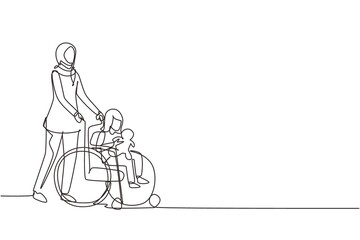 Obraz premium Single continuous line drawing Arabian mother with disabled daughter in wheelchair came for examination at clinic hospital. Mom helps child with disabilities. One line draw design vector illustration