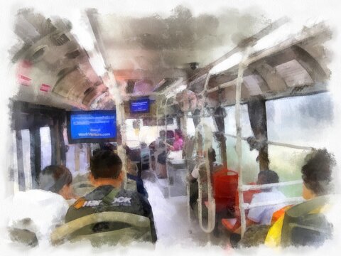 on public buses watercolor style illustration impressionist painting.