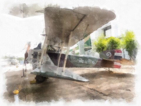 antique old plane watercolor style illustration impressionist painting.