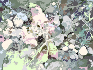 Stone and plant background for prints or textiles. Sand with stones and plants for backgrounds and textures, creative compositions, camouflage, wallpaper, fabric products, covers, etc. Pastel tonality