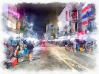 Fototapeta premium Night market in Thailand watercolor style illustration impressionist painting.