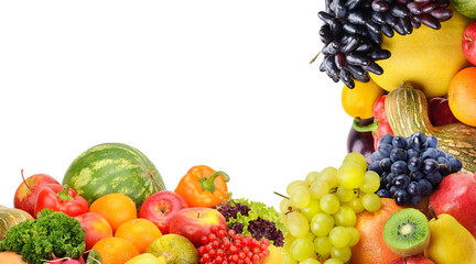 fruits and vegetables isolated on white background. Nice frame with free space for text. Collage.