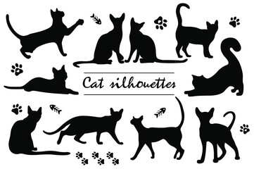 Large set of vector cat silhouettes and animal accessories. Silhouettes of cats in different poses. Cat paw prints.