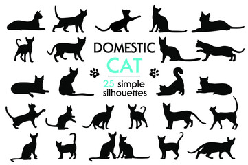 Big set of vector feline silhouettes as well. Silhouettes of cats in different poses. Cat paw prints. Silhouettes of pets. Animal prints.