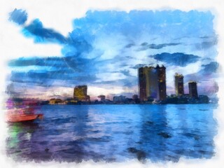 city river landscape watercolor style illustration impressionist painting.