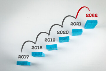 Plans and goals for 2022. Business, Education and Health concept. Blue wooden blocks