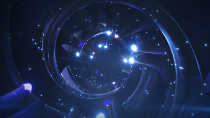 Blue shiny metal sci-fi tunnel 3D rendering illustration