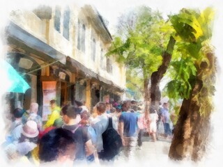 Fototapeta premium Bangkok Grand Palace watercolor style illustration impressionist painting.