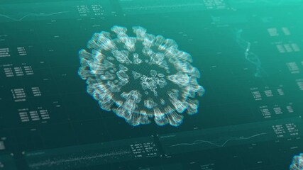 Coronavirus, Corona Virus structure visualization. Genome analysis, research. Interface concept. Biochemistry statistics and data displayed on modern high-tech laboratory screen. Virology experiments - Powered by Adobe
