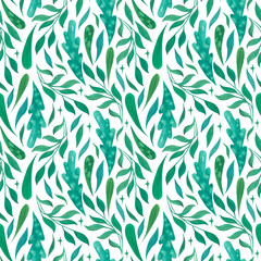 Green branches, leaves and stars. Watercolor plants on a white background. Seamless pattern.