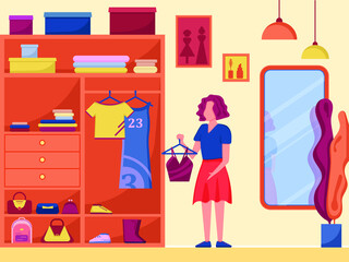 Woman choosing outfit stands near opened closet with clothes in room with mirror. Cartoony vector illustration. Organization storage and arrangement concept