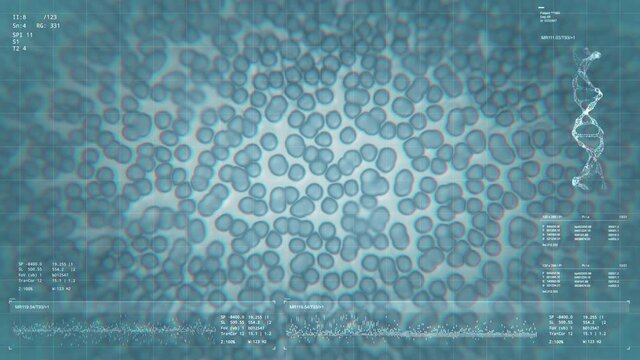 Cells in liqiuid under microscope. Research, genetic engineering. Interstitial fluid, bacterial background. Science, microbiology. Futuristic technology. HUD and data analysis. 3D Render 4K animation 