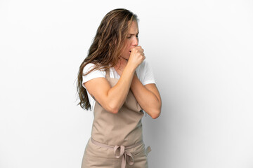 Restaurant waiter caucasian woman isolated on white background is suffering with cough and feeling bad