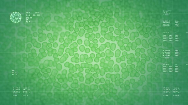 Cells in liqiuid under microscope. Green colors. Research, genetic engineering. Interstitial fluid, bacterial background. Science, microbiology. Futuristic technology. HUD and data analysis. 3D Render