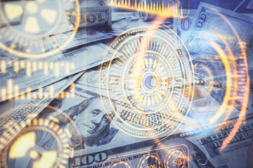 Fototapeta na wymiar Double exposure of tech theme drawing over usa dollars bill background. Concept of technology.
