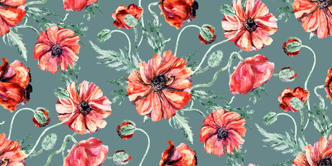 seamless watercolor summer with red poppies on a dark green background for textiles and surface design