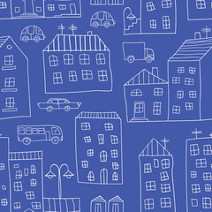 Cute cartoon city. Seamless vector pattern. Outline. Design for fabric, wallpaper for kids. © yulanaom
