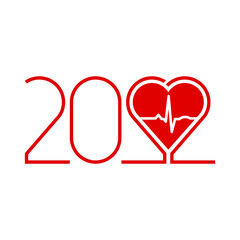 Happy New Year 2022 and Heart Shape From Number Twenty-Two. Breathing and Alive Sign Red Love Heart. Red Medic Blood Pressure, Cardiogram, Health EKG, or ECG Logo Concept on White Background