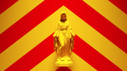 Yellow Virgin Mary Statue Art Religion Sculpture with Yellow an Red Chevron Background 3d illustration render