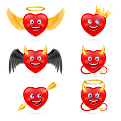 Set of Angels and Devils Hearts Characters on White Background. Romantic Love, Love sickness Symbol. St. Valentine Greeting Card Decor, or Wedding Anniversary