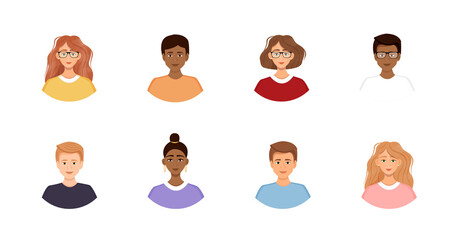 Set of diverse avatars of business team people. Collection of portraits of men and women in a round frame. Vector illustration of faces.