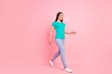 Full body profile side photo of young woman happy positive smile go walk meeting isolated over pastel color background