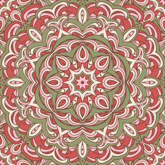 Vector seamless background with flowers. Round pattern. Endless colorful texture with doodle elements. Use for wallpaper, textile, book cover, clothes. In red and green colors
