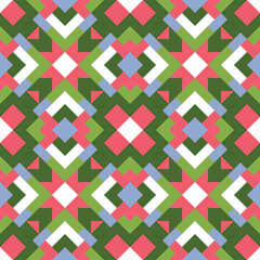 Abstract seamless pattern. Vector geometric background of triangles in green, red and blue colors. Mosaic texture for textile, clown, carpeting, warp, book cover, clothes
