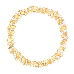 Christmas gold star and holly leaf wreath on white background. Minimal design element for winter, Xmas and New Year season. Top view. Flat lay.