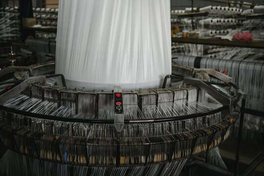 Industrial Fabric Production Line. Weaving Looms At A Textile Factory