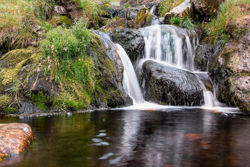 Fototapeta premium Small water wall and a pool of water. Beautiful nature landscape scene. Dark and moody tone.