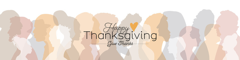 Happy Thanksgiving card. People of different ethnicities stand side by side together. Flat vector illustration.	