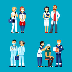 Fototapeta premium Emergency ambulance doctors set. Paramedic specialists in blue uniforms with masks and gowns healthcare resuscitation therapy service on call medical assistance to victims. Cartoon vector.