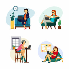 Women work on laptop set. Businesswomen and freelancers carry out work projects speaks phone an ottoman sits armchair with coffee and pen works during extra hours in office. Vector cartoon routine.