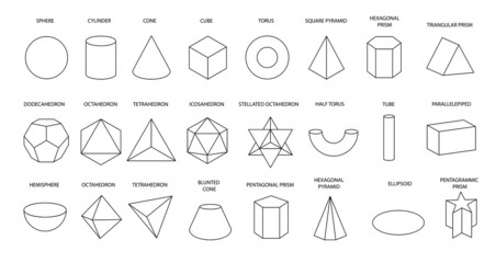 Set of linear black geometric shapes isolated on white background. Mathematics of a geometric figure, contour. Platonic solid. Icons, logo for education, business, design. Outline.