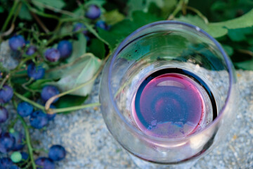 Bad red wine in a glass. The red wine oxidized. Rainbow on the surface of the wine.