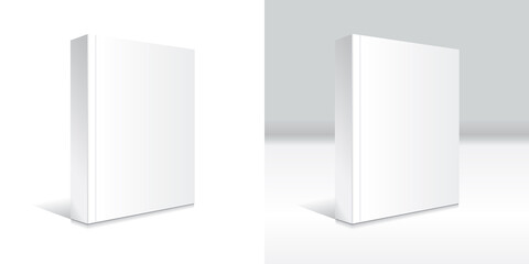 Blank white standing softcover book or magazine mockup template white and gray background.