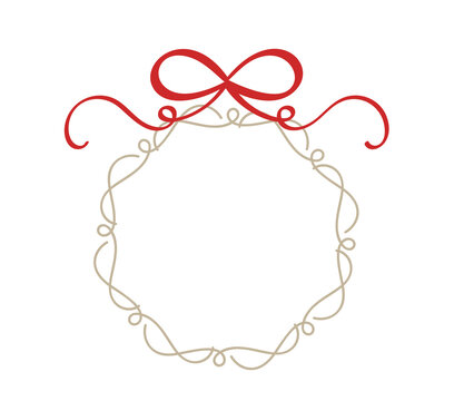 Vintage calligraphy round frame with red bow hand drawn circular wreaths, vector design elements with place for your text copy space