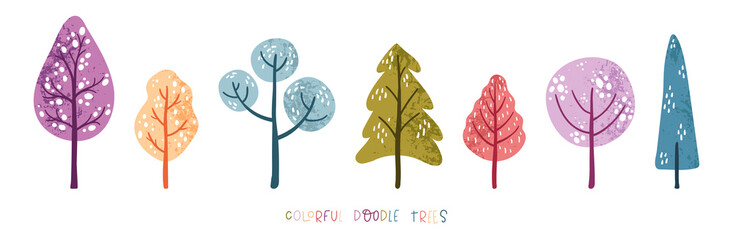 Lovely hand drawn colorful trees, autumn background, fun doodle design element - obrazy, fototapety, plakaty