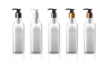 Clear square cosmetic bottle with black-white-silver-gold-copper pump head for beauty or healthy product.