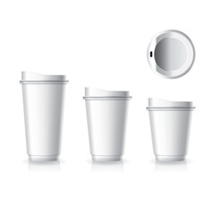 White paper-plastic coffee-tea cup with top view white lid in large-medium-small size mockup template.